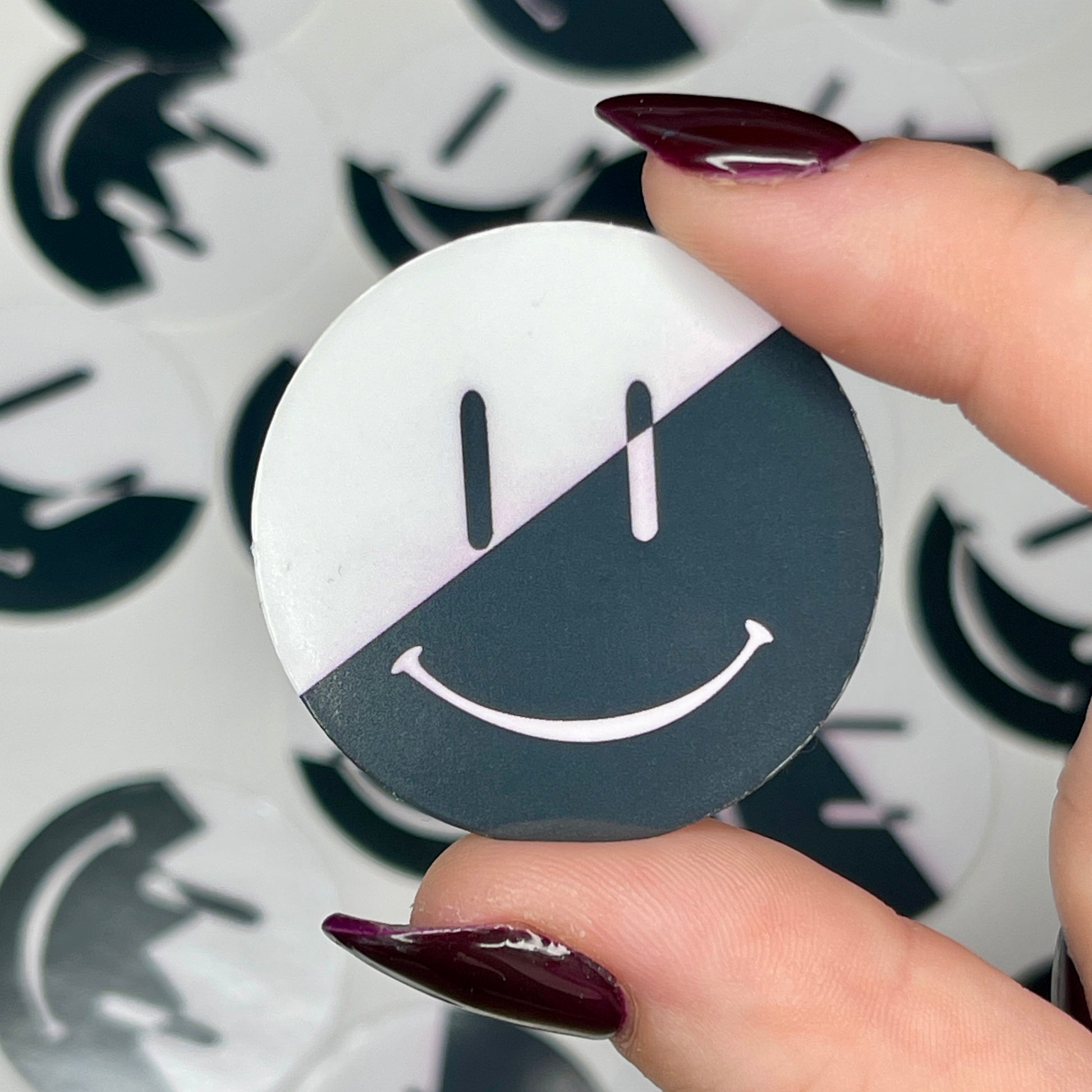 Black & White Split Smiley - Glossy Vinyl Sticker