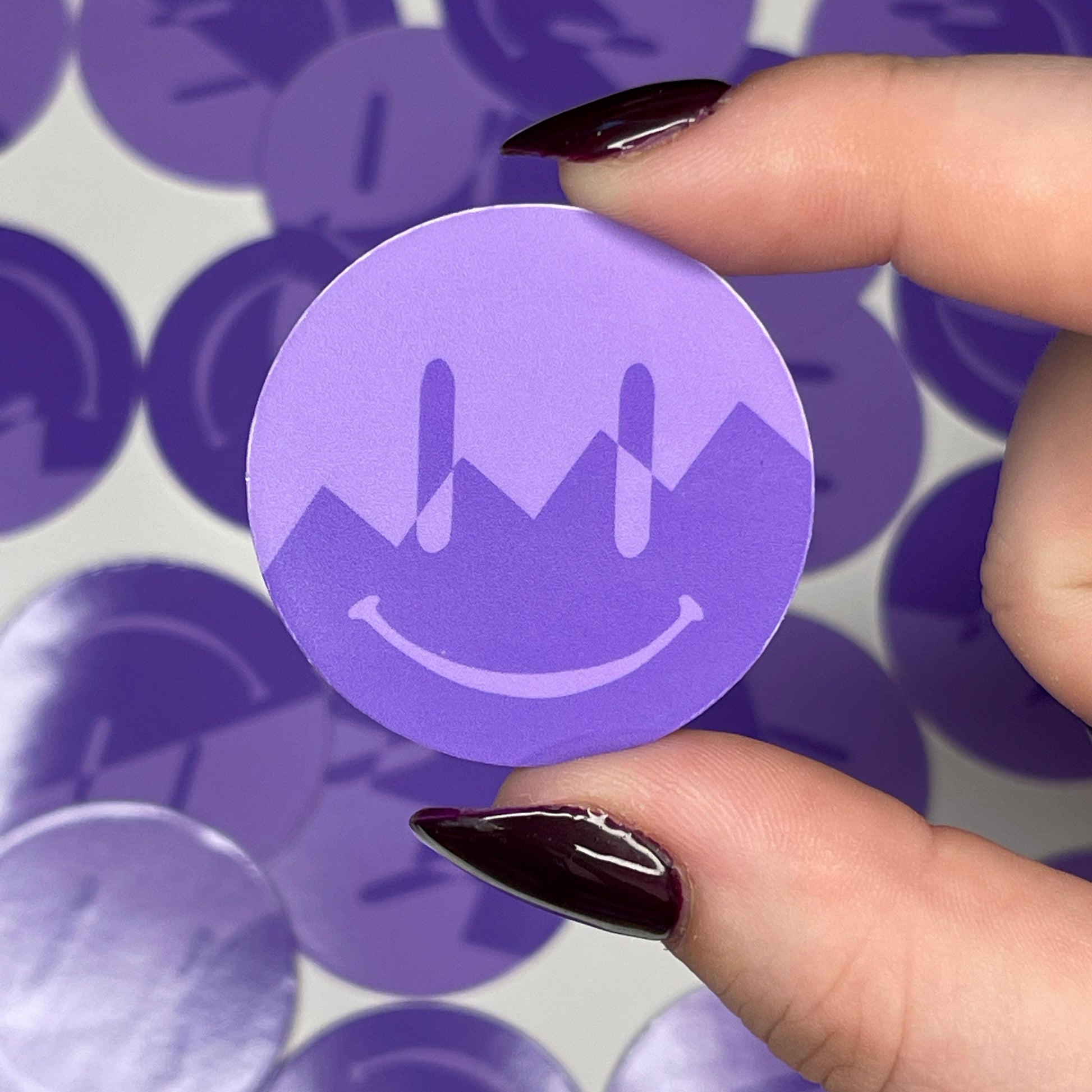Purple ZigZag Split Smiley – Glossy Vinyl Sticker