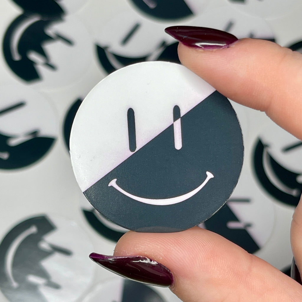 Black & White Split Smiley - Glossy Vinyl Sticker