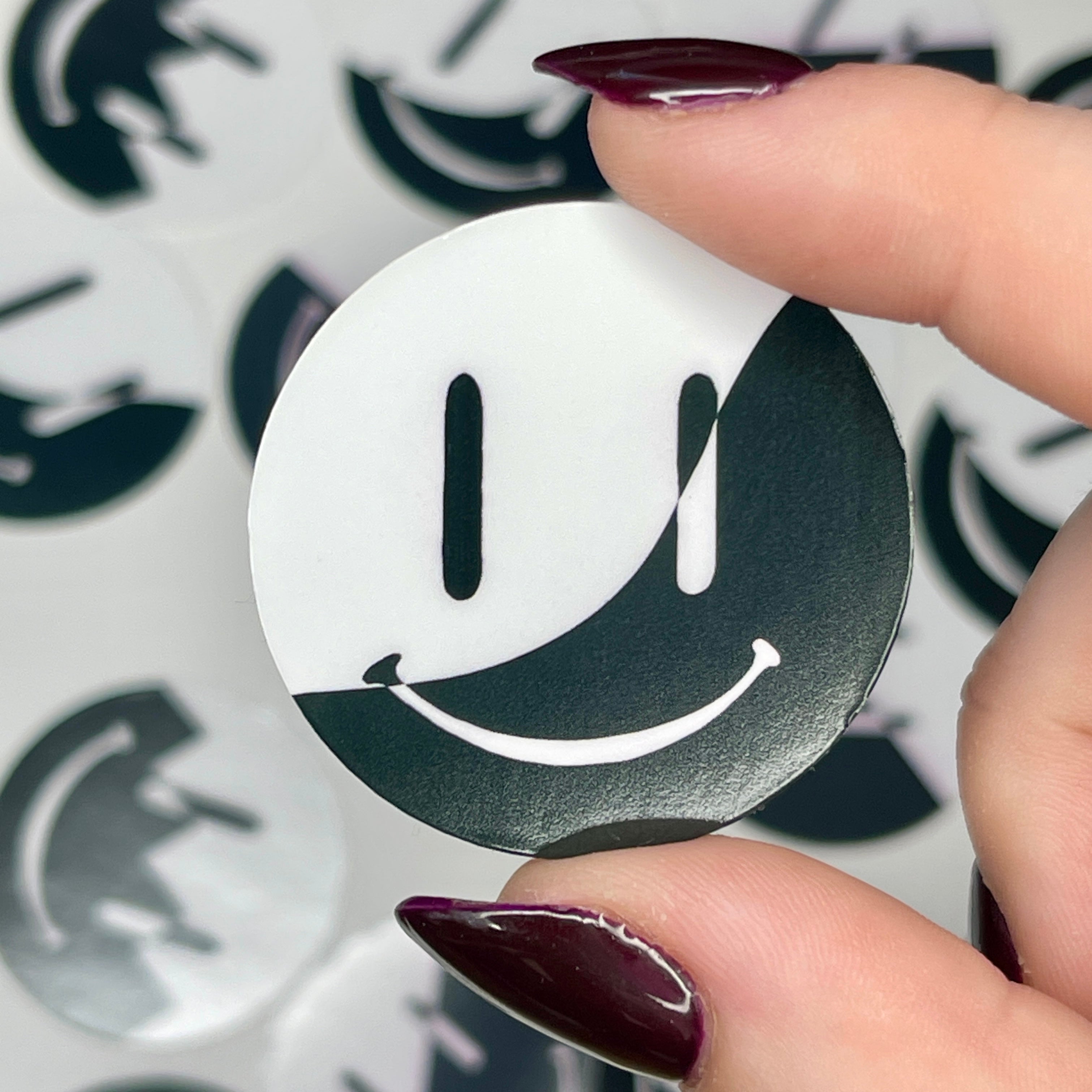 Black & White Wavy Split Smiley - Glossy Vinyl Sticker