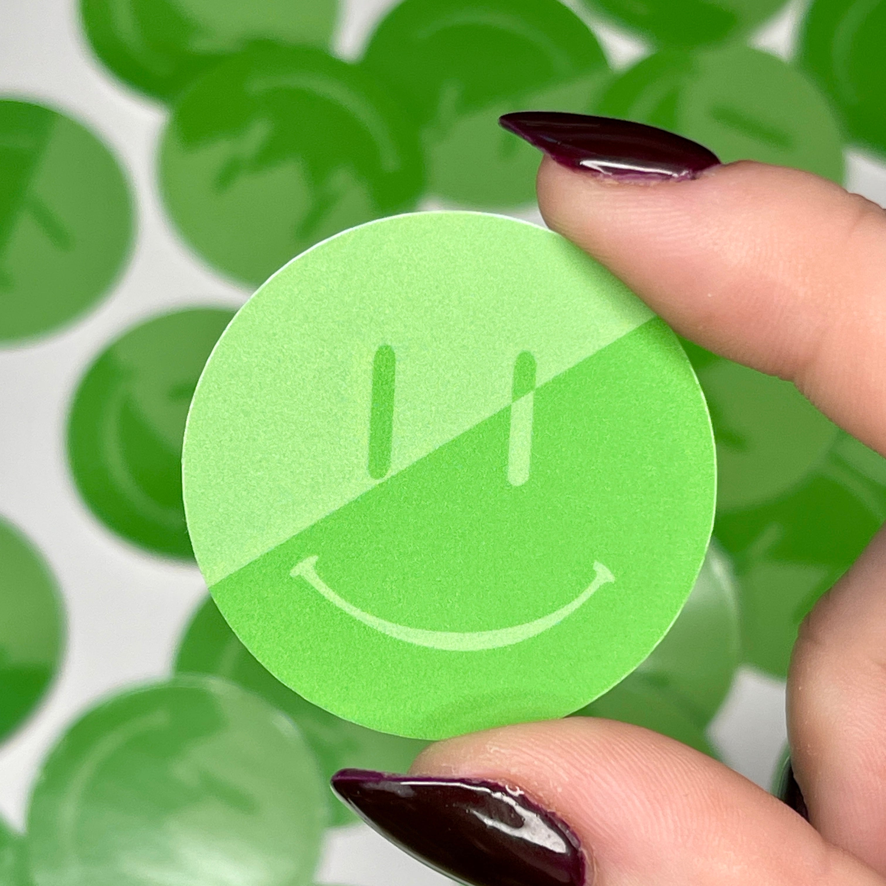Green Split Smiley - Glossy Vinyl Sticker
