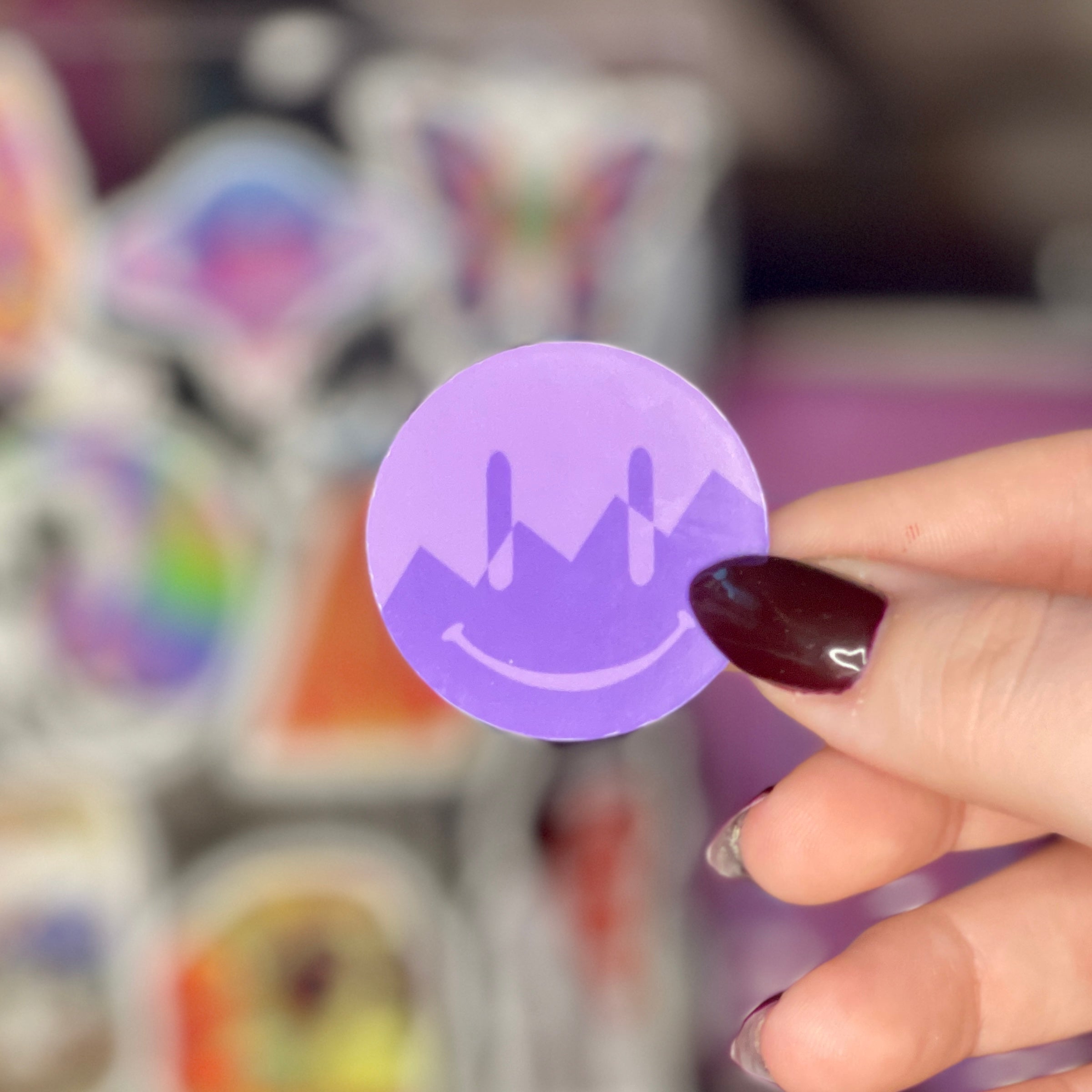 Purple ZigZag Split Smiley – Glossy Vinyl Sticker