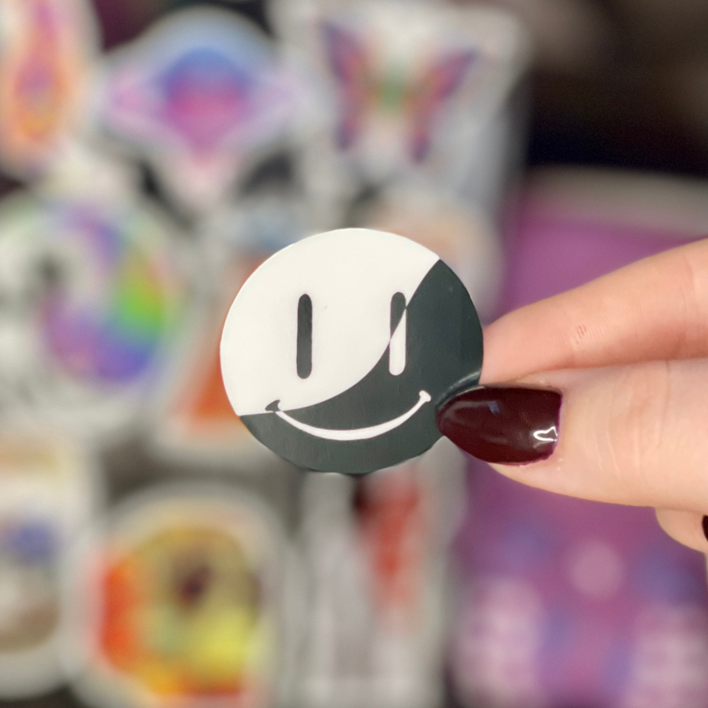 Black & White Wavy Split Smiley - Glossy Vinyl Sticker