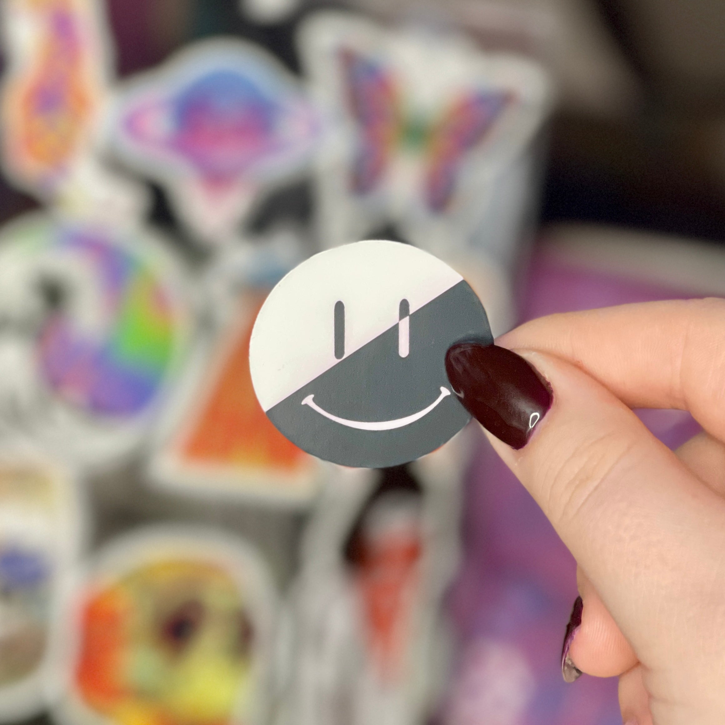 Black & White Split Smiley - Glossy Vinyl Sticker